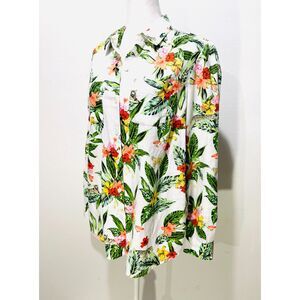 Charter Club linen button up shirt tropical floral monkey tiger vacation women S